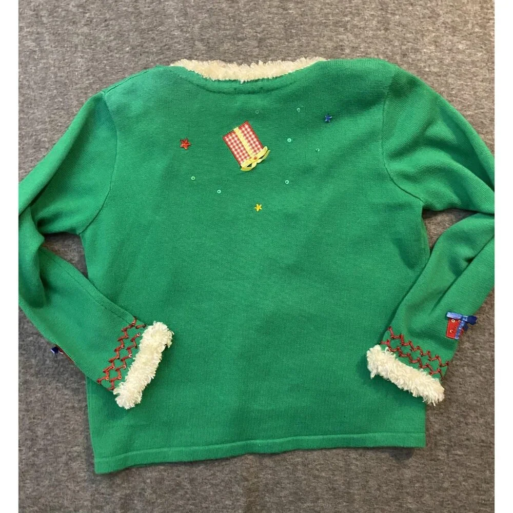 Berek Cardigan Sweater Womens Medium Green Santa Christmas Tree Beaded Ugly - Picture 10 of 11